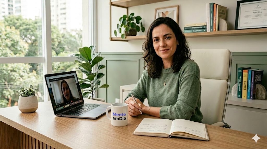 Profissional de psicologia realizando atendimento online acolhedor